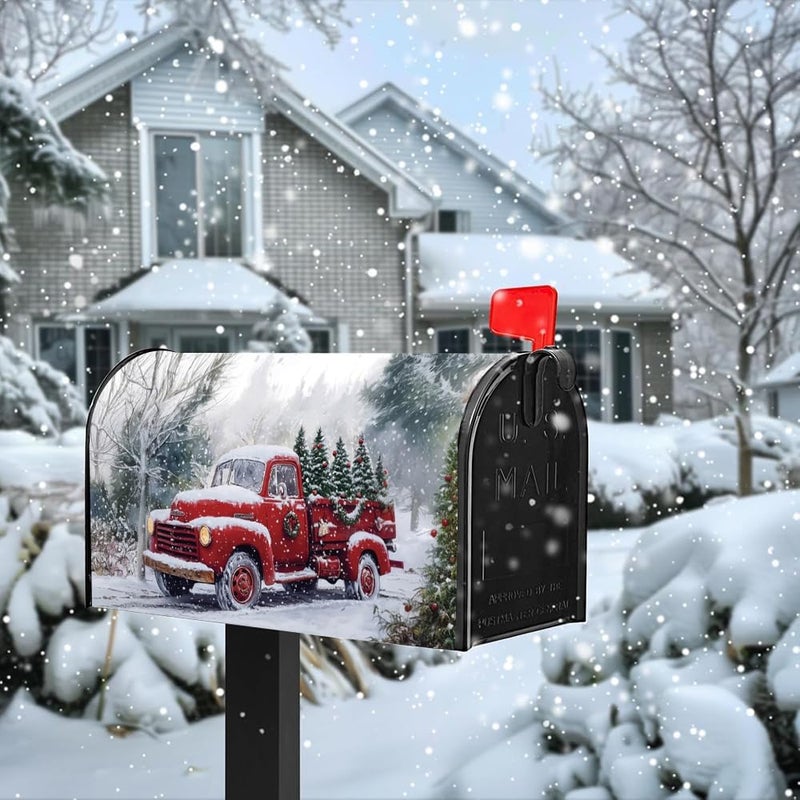 VBXNT Winter Christmas Red Truck Theme Mailbox Cover, Magnetic Waterproof Mailbox Wrap 18x21 Inch Standard Size, Snow Oxford Cloth Mailbox Decoration for Christmas, Thanksgiving, Winter Outdoor Garden (MC9) - Image 2